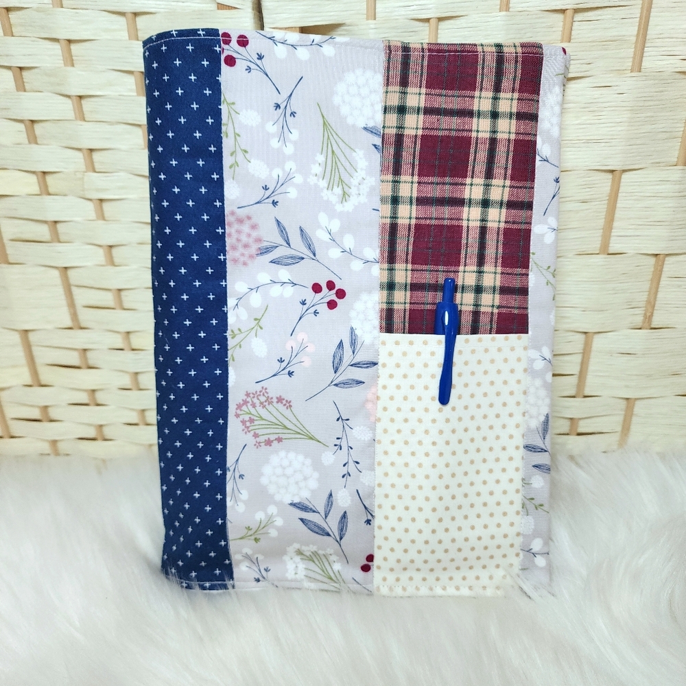 Handmade Quilted Floral & Plaid Notebook Cover With Pen Pocket Pen Not Included